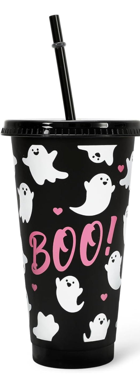 24 oz Cute Ghost Tumbler with Lid and Straw