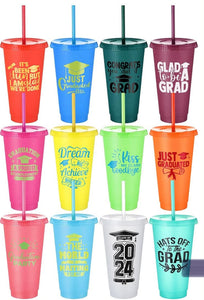 24 Oz Graduation Themed Tumbler with Lid & Straw