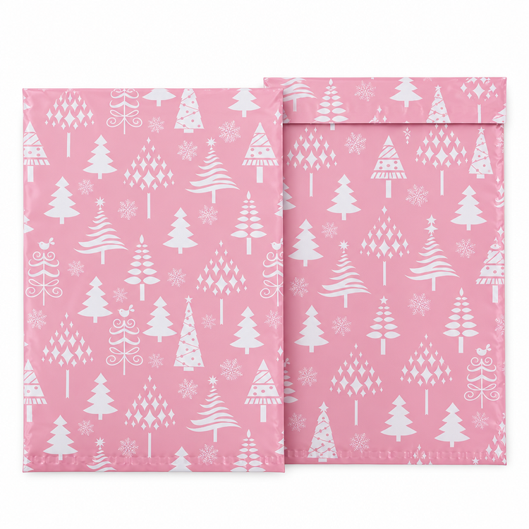 Rose Gold Tree polymailer 14 x 19, pink with white Christmas trees, front and back