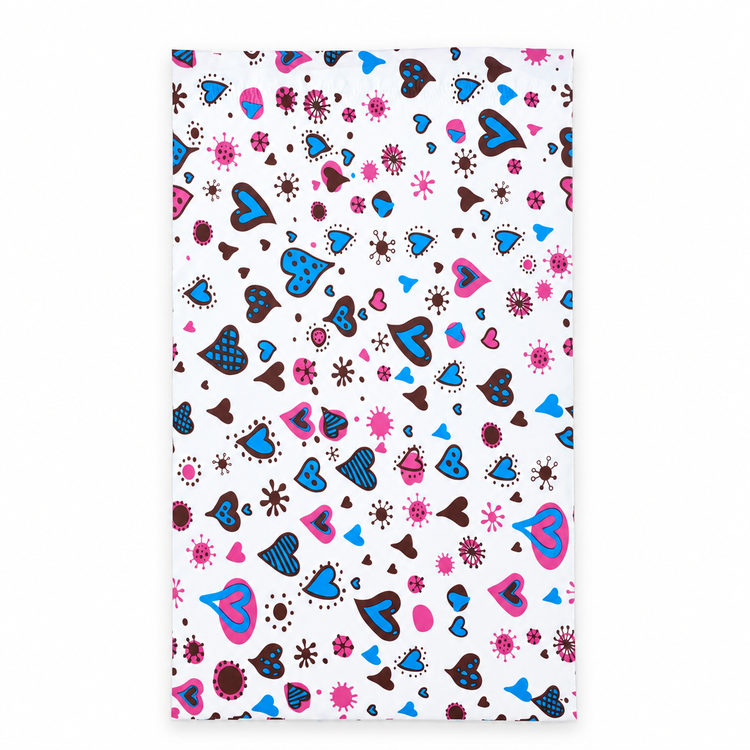 Blue Hearts polymailer 14 x 19, white with blue, pink and brown hearts