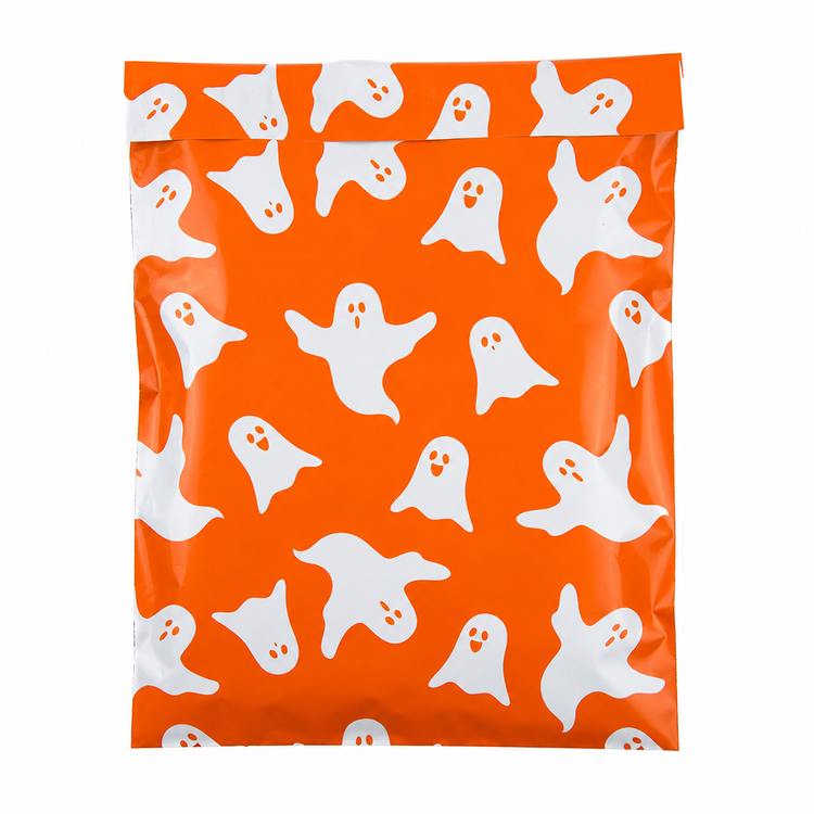Orange Ghost polymailer framed on white