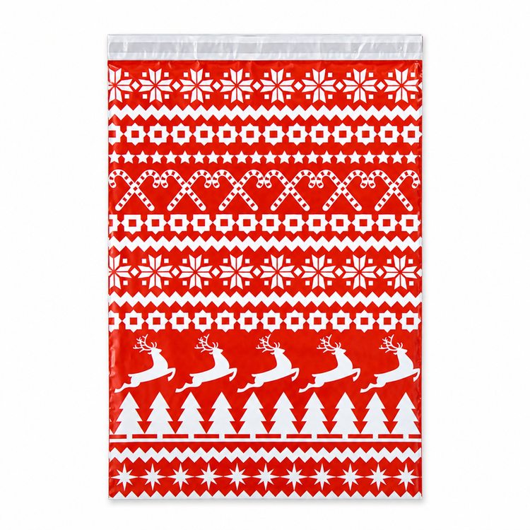 Red Xmas Sweater polymailer 14 x 19, red with white Christmas sweater pattern