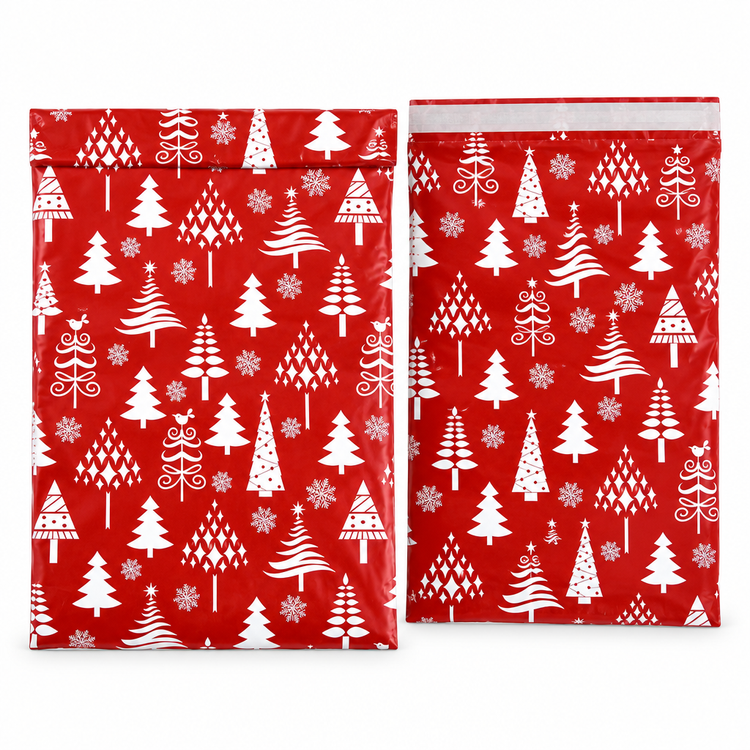 Red Tree polymailer 14 x 19, red with white Christmas trees, front and back