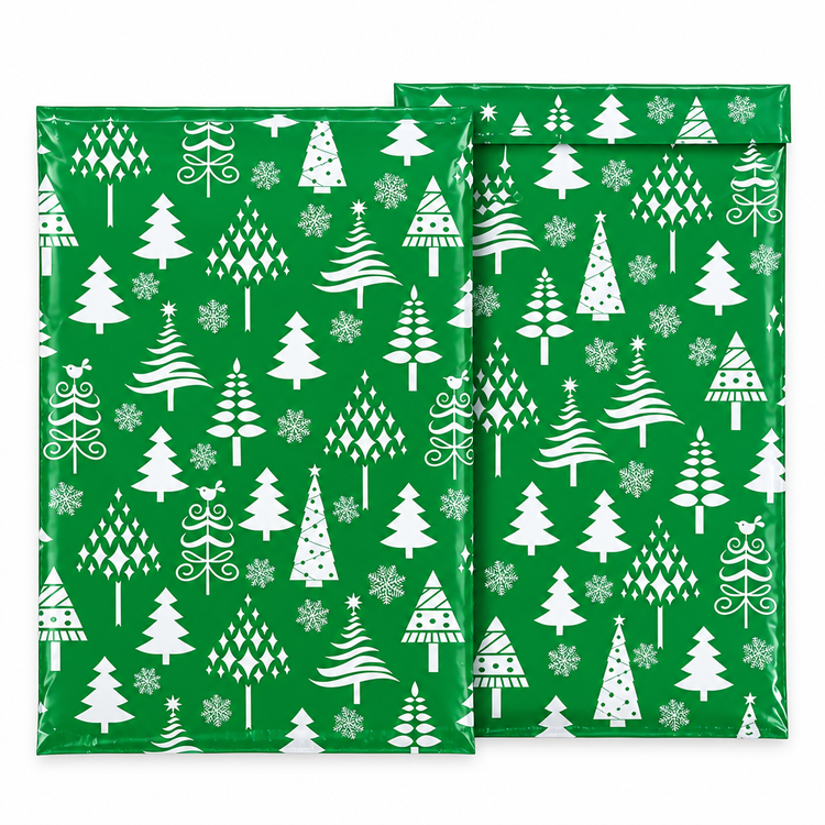 Green Tree polymailer 14 x 19, green with white Christmas trees, front and back
