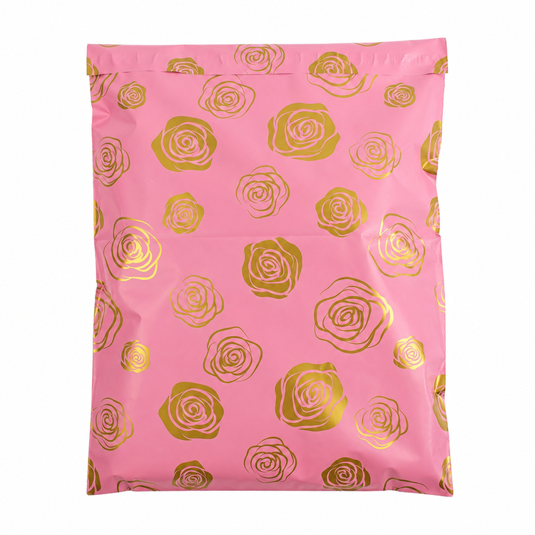 Gold Rose polymailer 14 x 19, gold roses on pink