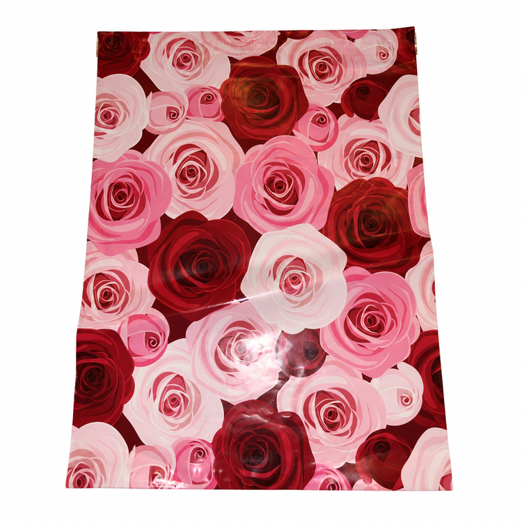 Red Roses polymailer framed on white, with original glare retained