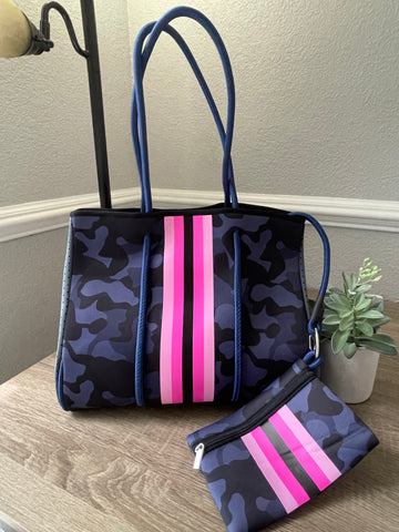 Neoprene Tote Bag Blue Camo with Multi Pink Stripe