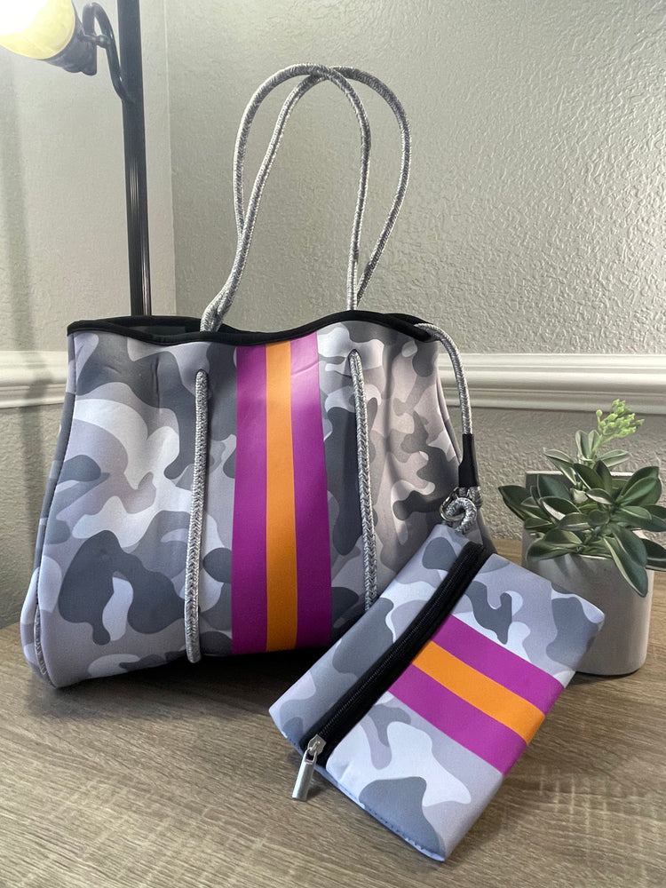 Neoprene Tote Bag White Camo with Pink/Orange Stripe