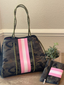 Neoprene Tote Bag Green Camo with Pink Stripe