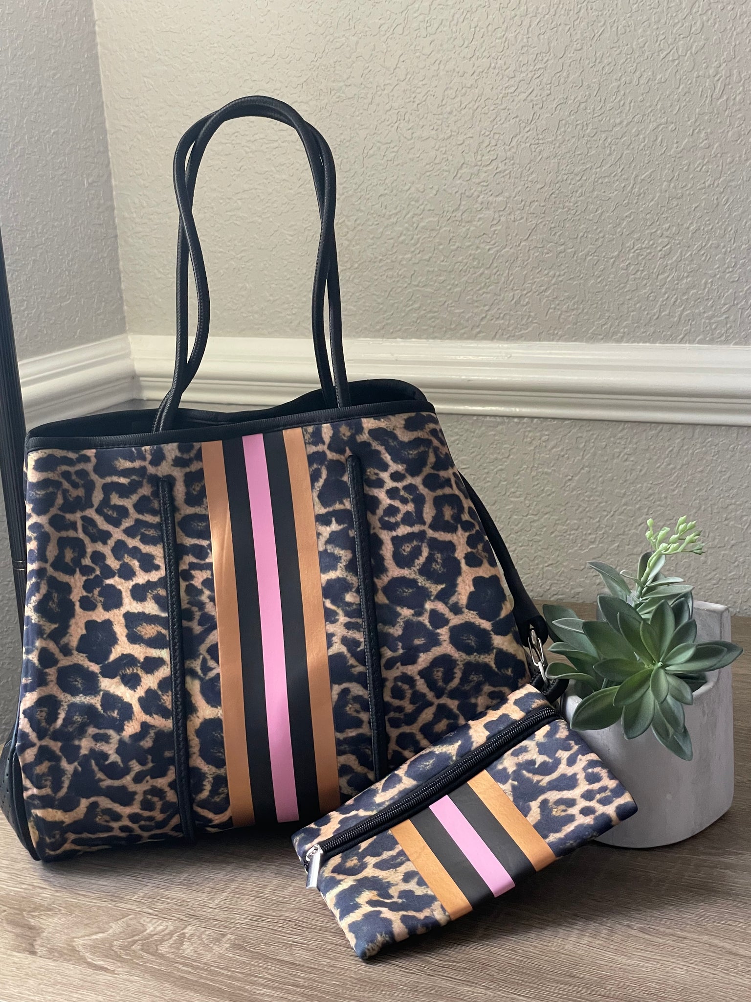 Neoprene Tote Bag Brown Leopard with Gold/Pink Stripe