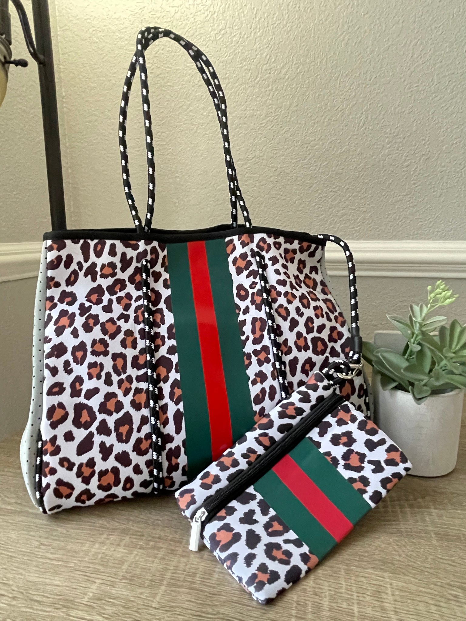 Neoprene Tote Bag Leopard with Red/Green Striped