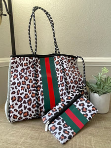Neoprene Tote Bag Leopard with Red/Green Striped
