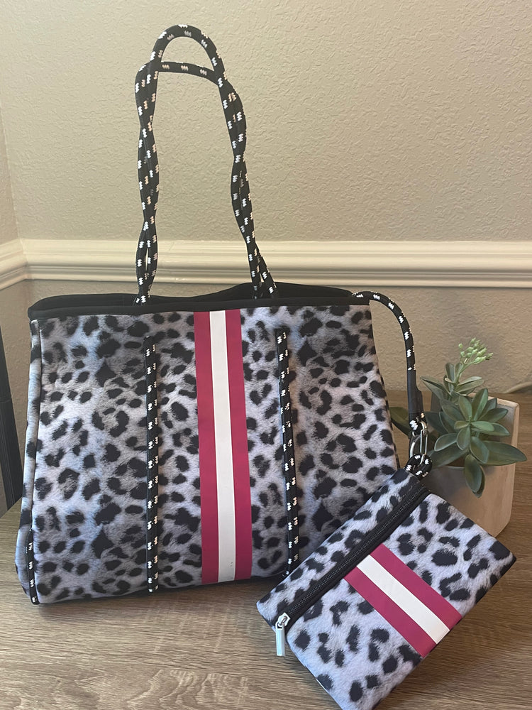 Neoprene Tote Bag White Leopard with Fuschia Stripe
