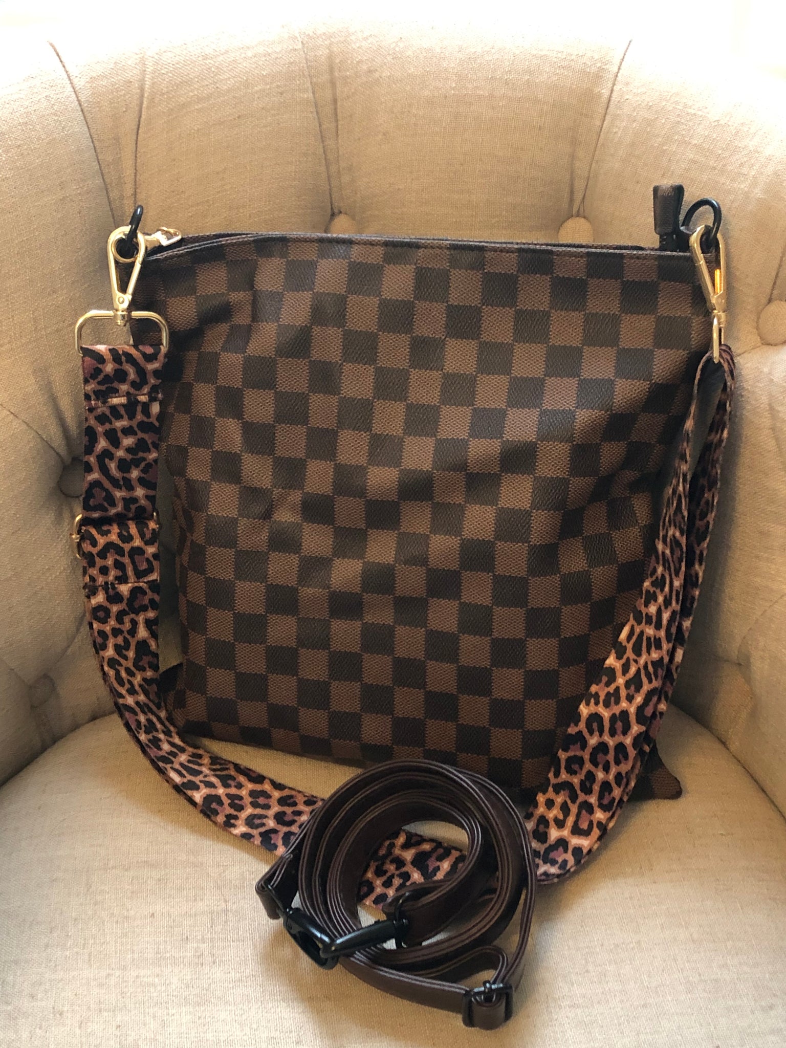 Checkered Crossbody Bag with Leopard Strap