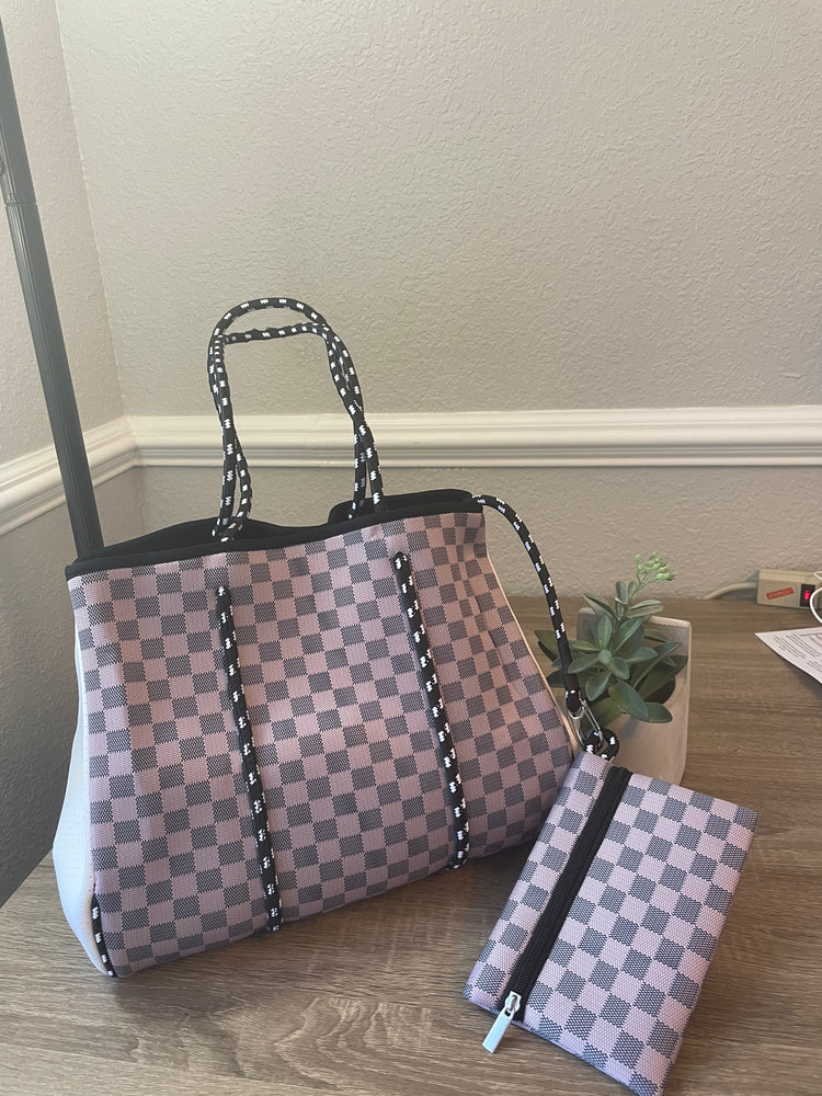 Neoprene Tote Bag Old Rose Pink Checkered Bag