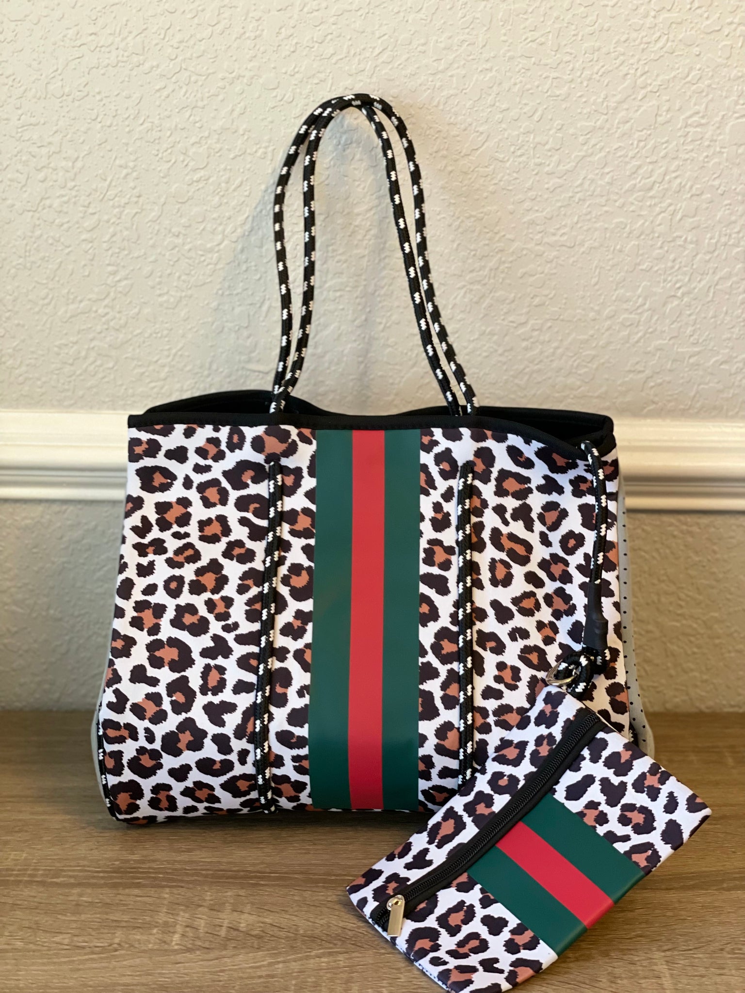 Neoprene Tote Bag Leopard with Green and Red Stripes