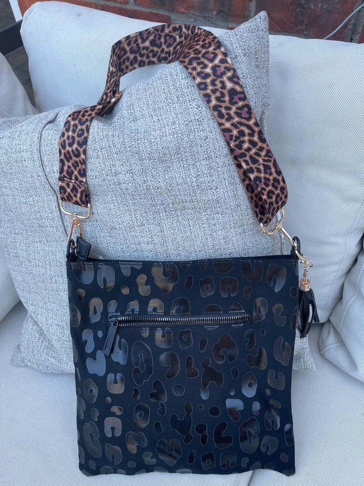 Black Leopard Crossbody Bag with Guitar Strap