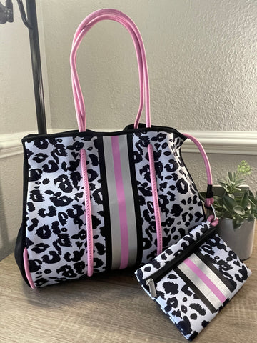 Neoprene Tote Bag White Leopard with Pink Stripes